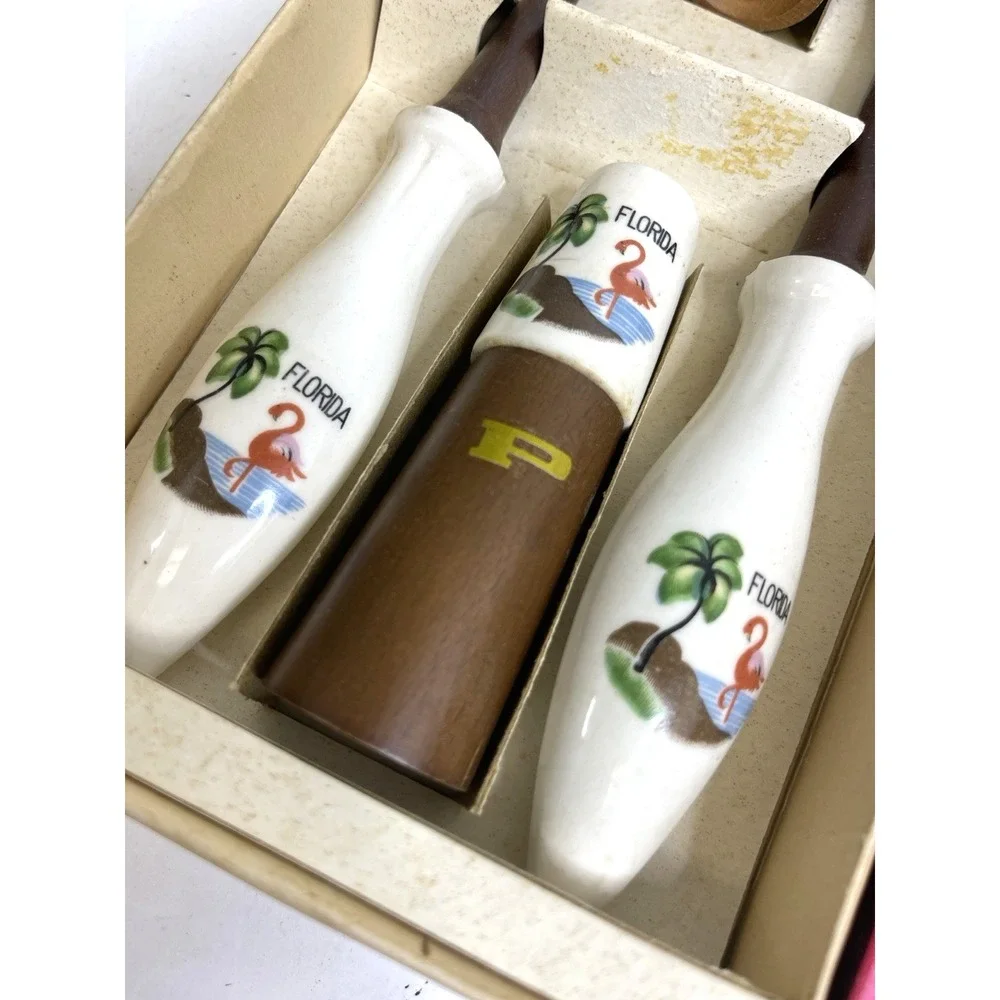 VTG Wooden Salad Serving Utensils Flamingo‎ Florida Salt Pepper Shakers NOS